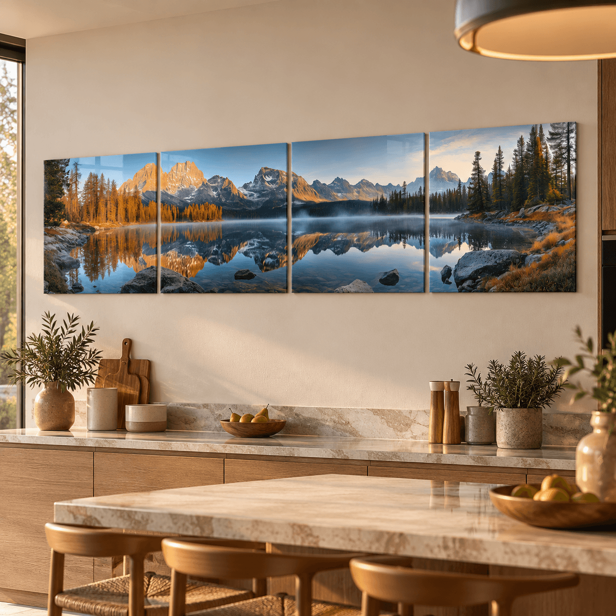 Mountain lake reflection glass panels mounted above a marble kitchen backsplash